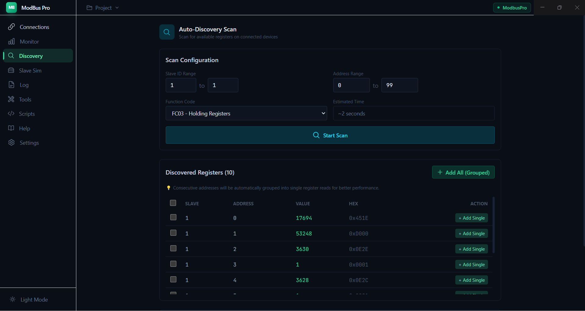 ModBus Pro auto-discovery scan finding registers on connected devices
