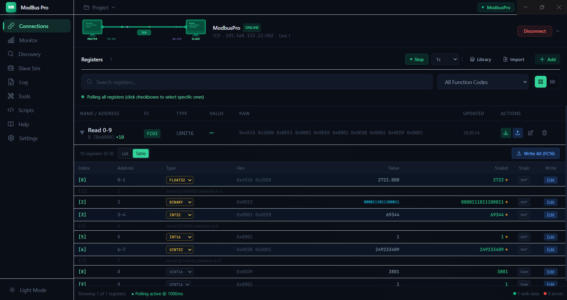 ModBus Pro master polling with live register data, retro connection graphic and multiple data types