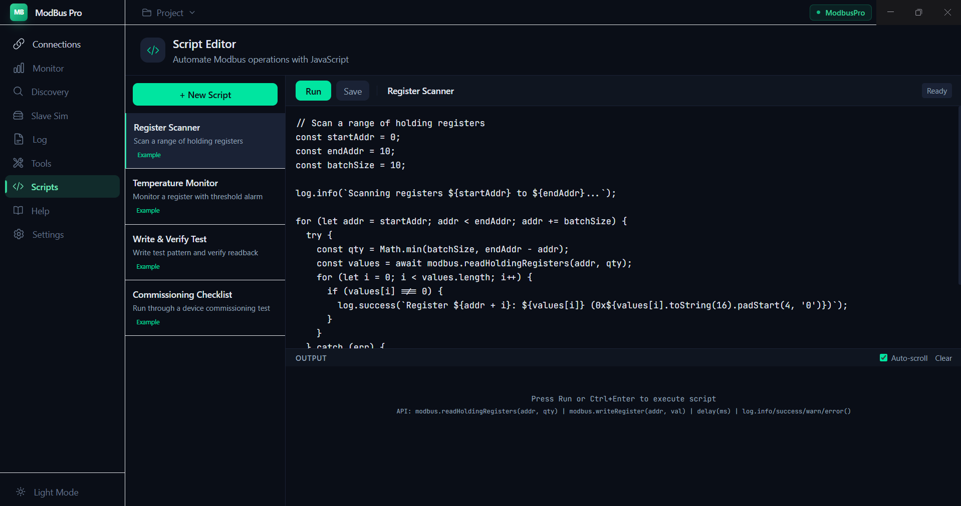 ModBus Pro scripting engine with JavaScript editor and example templates