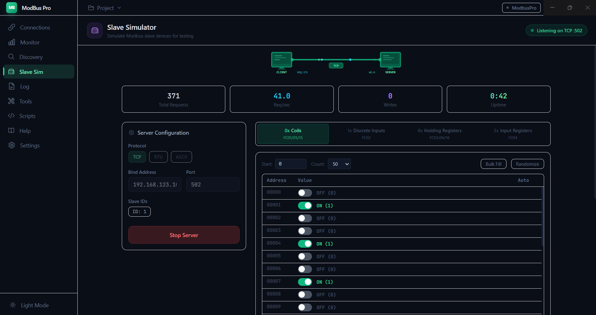 ModBus Pro slave simulator with coil toggles, animated connection graphic and stats